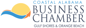 Logo for Coastal Alabama Business Chamber, with sun and waves. Gulf Shores & Orange Beach.