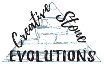 Creative Stone Evolutions logo in black cursive and bold text over a light stone pyramid design