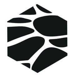 A black hexagon containing an abstract white pattern of interconnected, rounded shapes resembling cell structures.