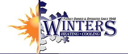 Winters Heating & Cooling logo with sun, snowflake, and blue text