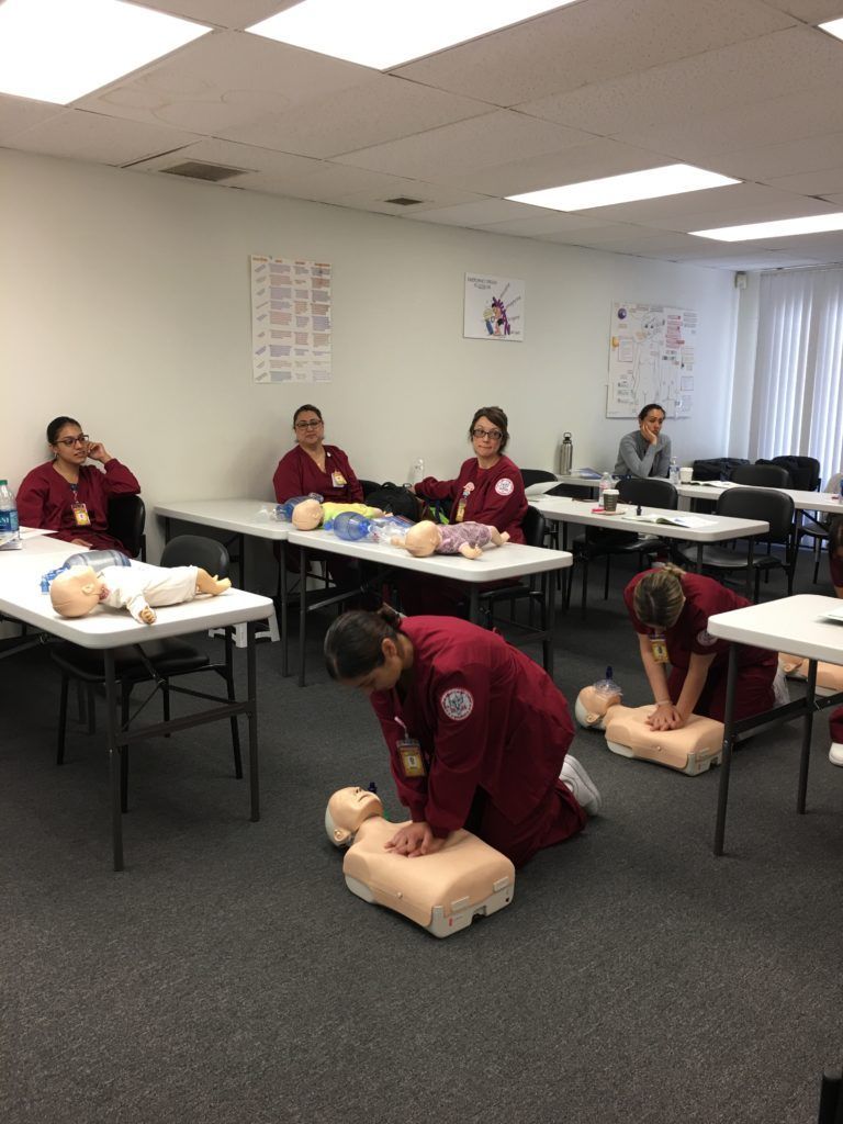 A group of people are doing a cpr on a mannequin in a classroom.