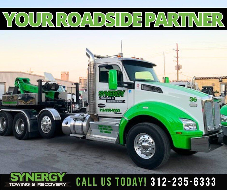 Green and white tow truck, 