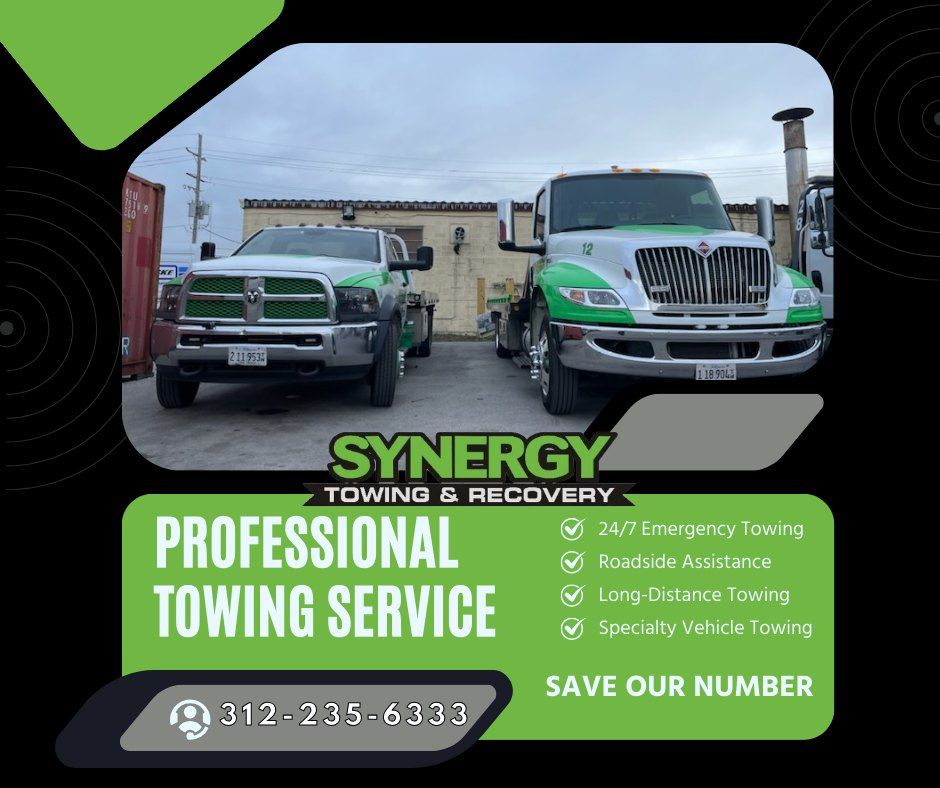 Two tow trucks with green accents, advertising Synergy Towing & Recovery, with phone number.
