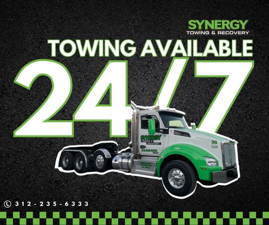Synergy Towing & Recovery advertisement. Tow truck with green accents. 24/7 towing available. Phone number 312-235-6333.