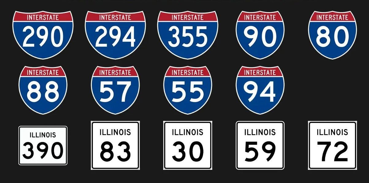 A grid of nine blue Interstate highway shields and five white Illinois state route shields on a black background.