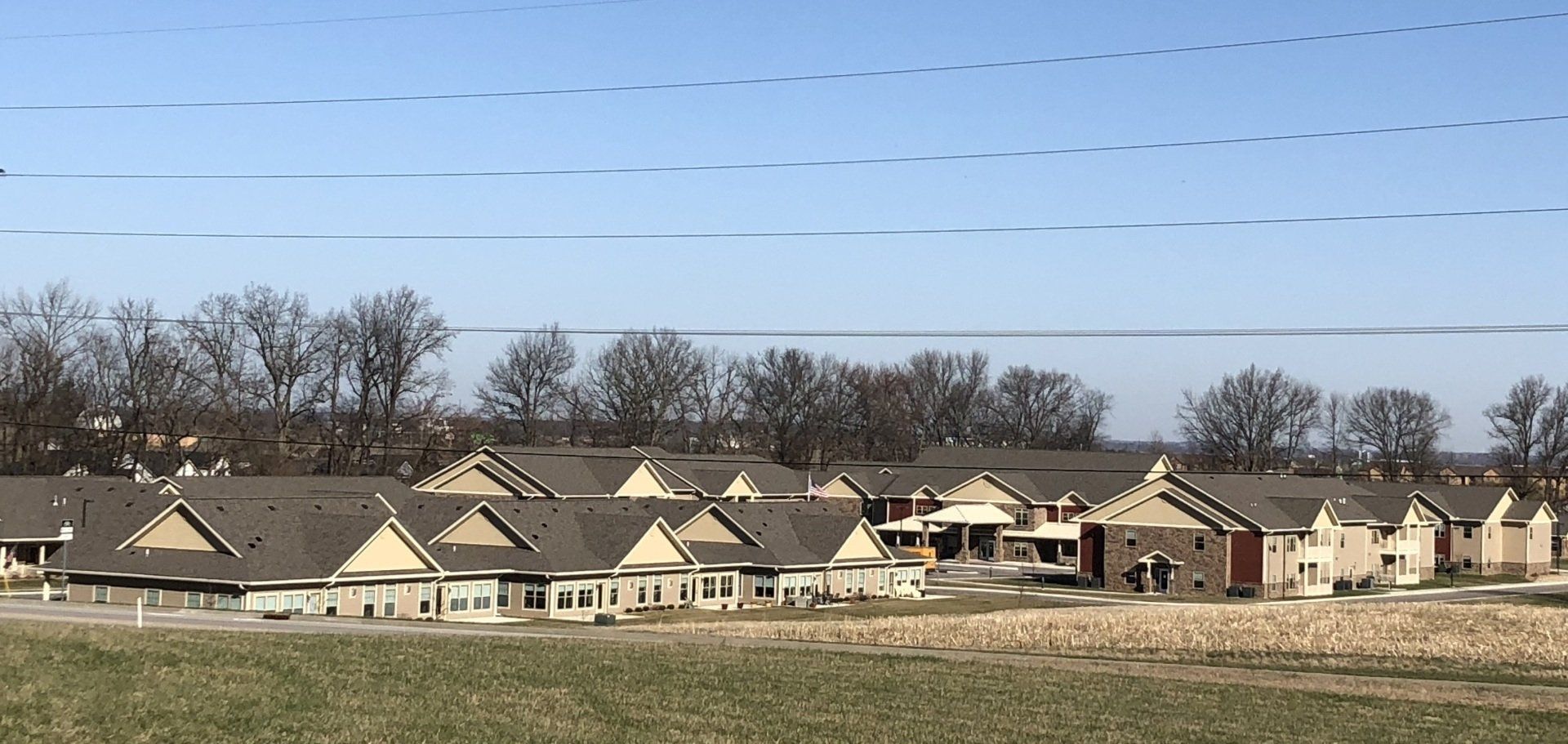 Suburban houses with tan roofs and bare trees under a clear blue sky, seen across a field