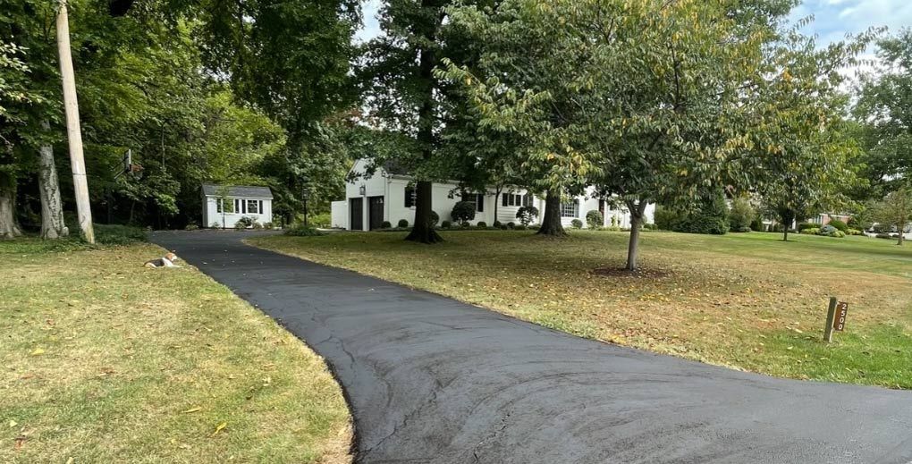A driveway leading to a house surrounded by trees and grass.