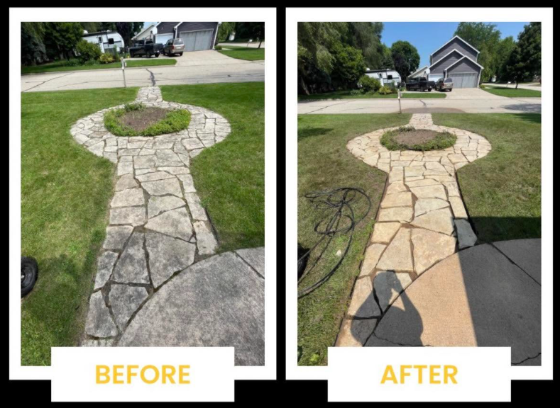 Before-and-after view of a stone walkway