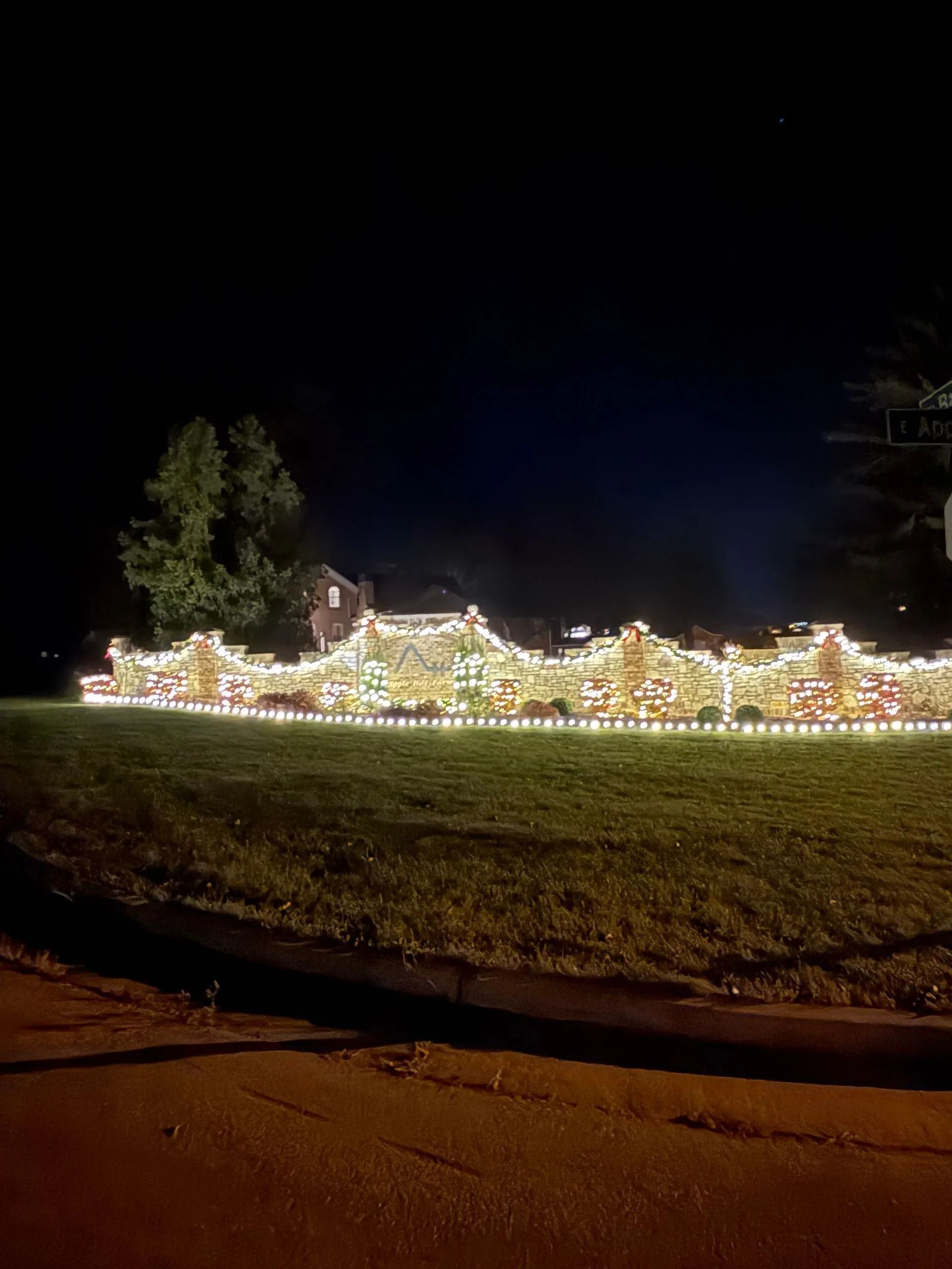 Night view of a long row of illuminated Christmas lights outlining a structure on a grassy lawn.