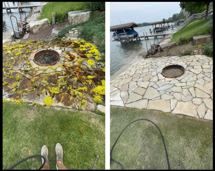 Split view of a stone fire pit area by a lake: mossy left, cleaned right