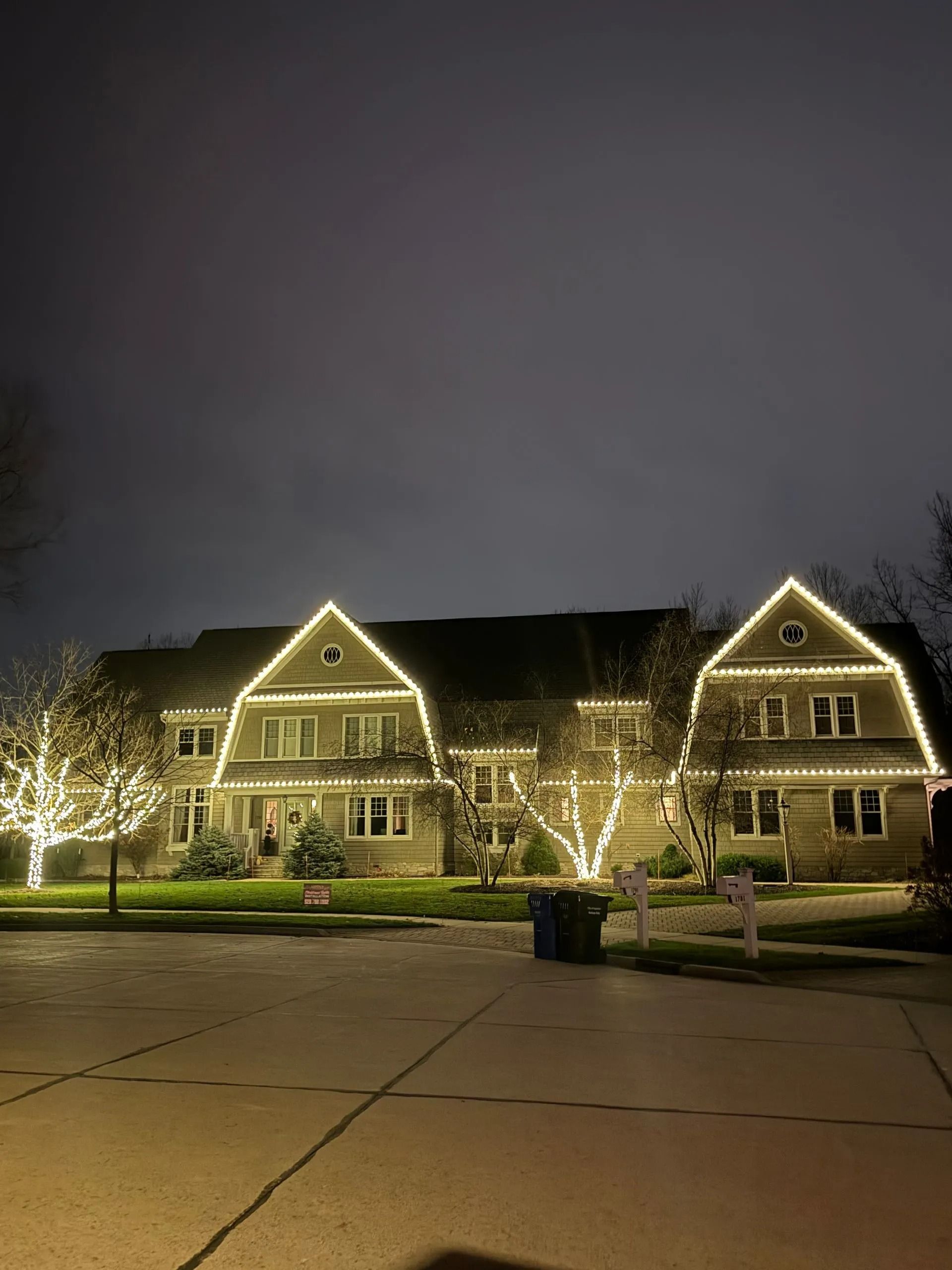 Houses lit with white string lights for the holidays. Dusk setting with a cloudy sky.