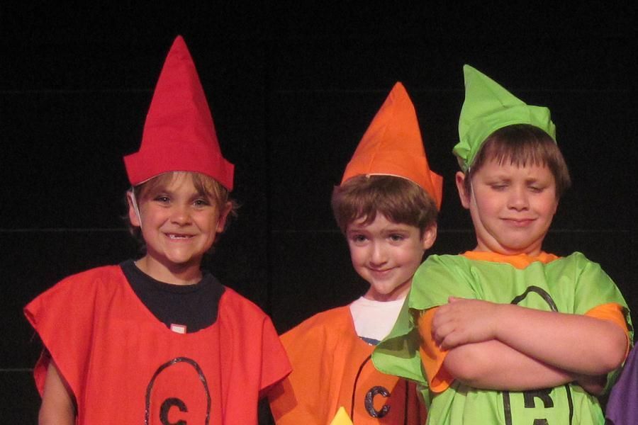 Three children dressed in gnome costumes are posing for a picture