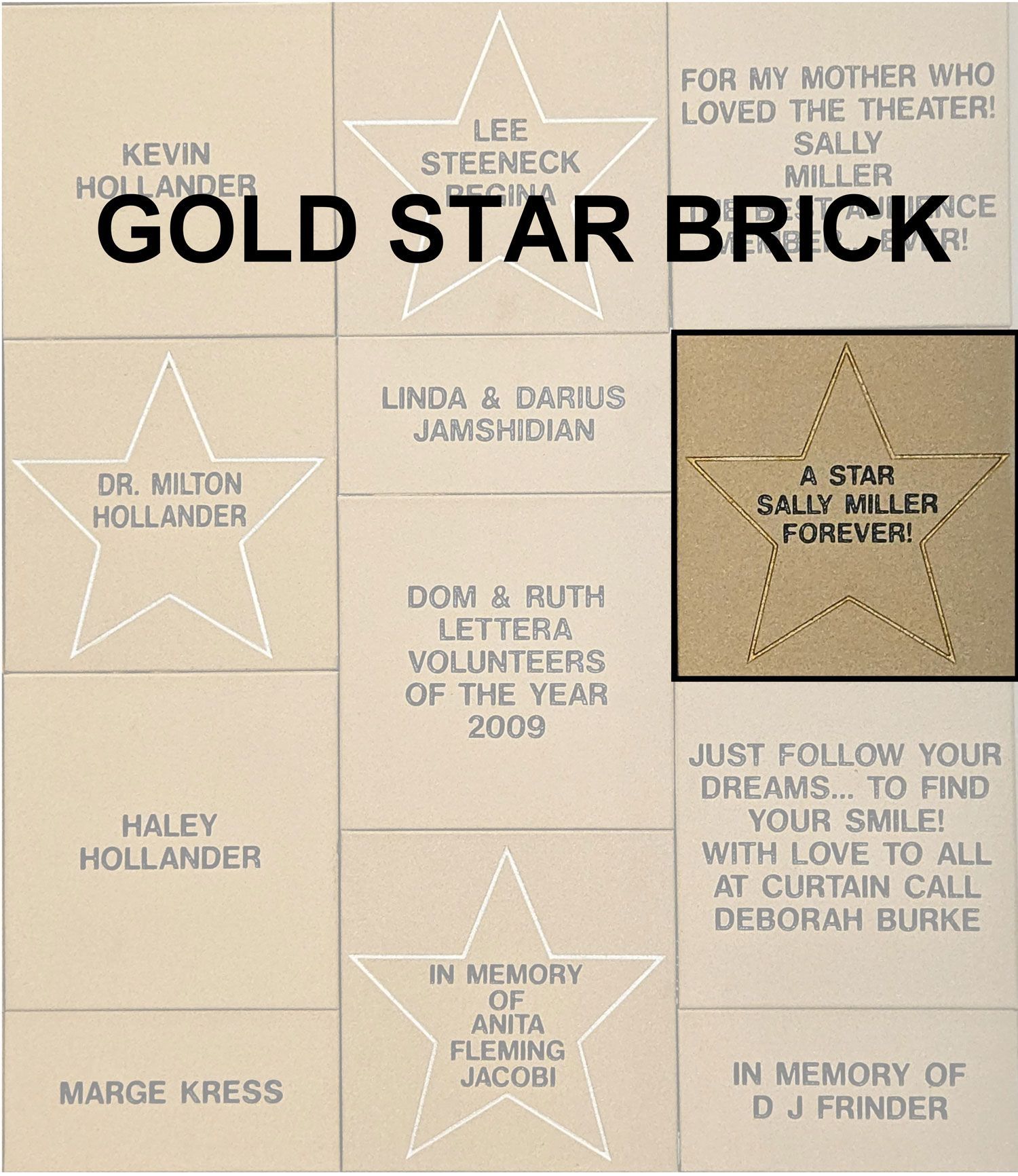 A gold star brick with many stars on it