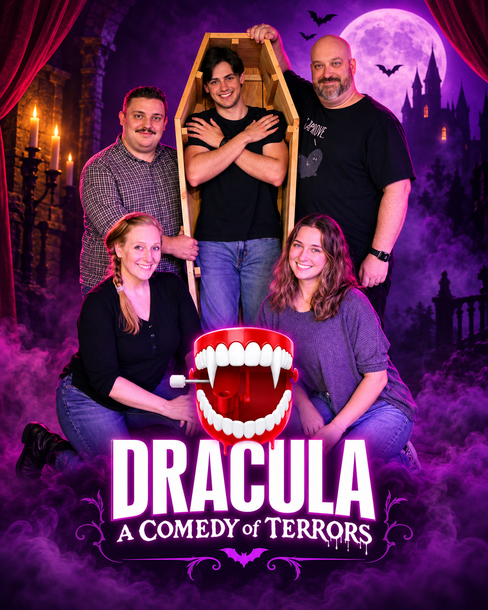 Cast of Dracula: A Comedy of Terrors posing in front of a purple vampire-themed poster with bats and a full moon.
