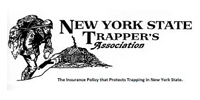 Logo for the New York State Trapper's Association: a person with a pack walking near a trap with text.