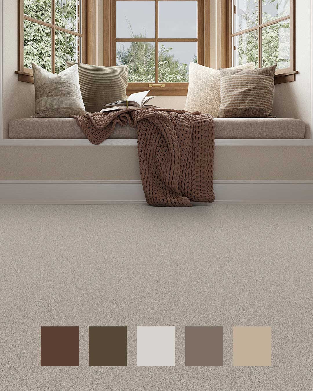 Cozy window seat with pillows and blanket over beige carpet with a color palette of browns.