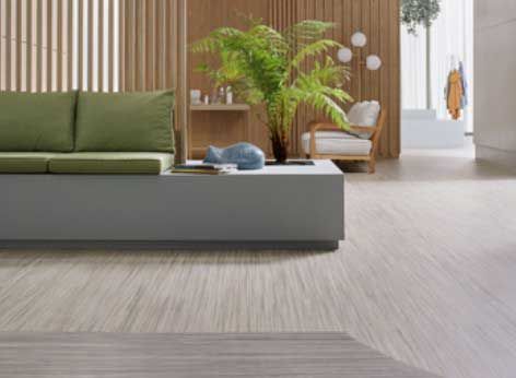 Living room with a gray sofa, wood paneling, and a large plant. Light wood floors and a white chair.