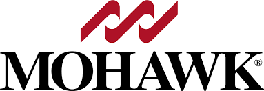 The Mohawk logo features a red abstract symbol resembling stylized waves above the black, serif text 
