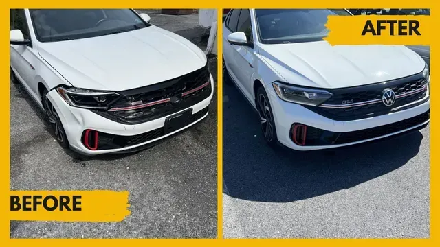Before-and-after of a white car with front bumper changes, labeled “BEFORE” and “AFTER.”