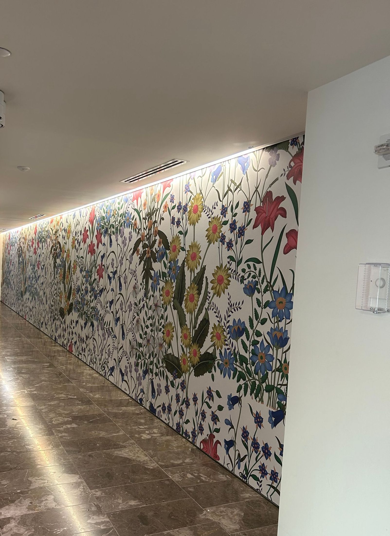 A long hallway with a floral wallpaper on the wall