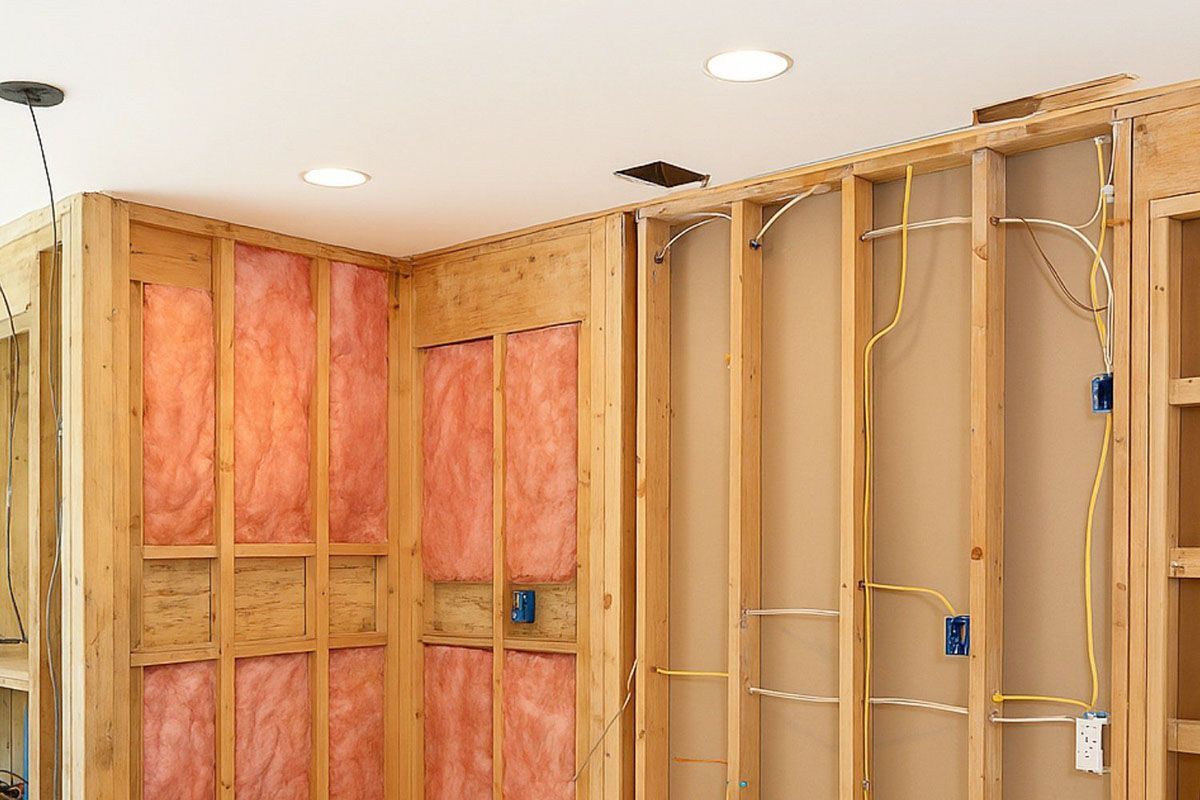A room in a house under construction with insulation and electrical wires