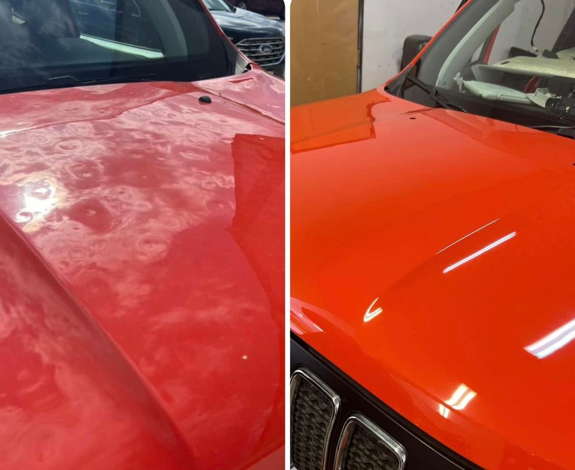 Red car hood before and after detailing. Dull and marked on left, glossy and new on right.