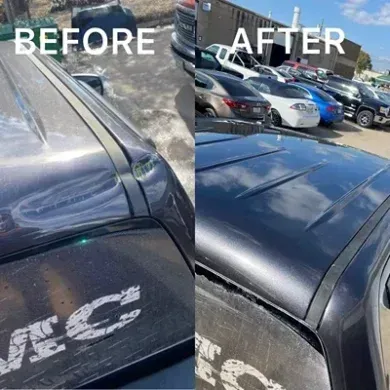 Side-by-side comparison of a car roof before and after dent repair; black car, outdoor setting.
