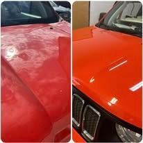 Comparison of a red car hood before and after detailing.