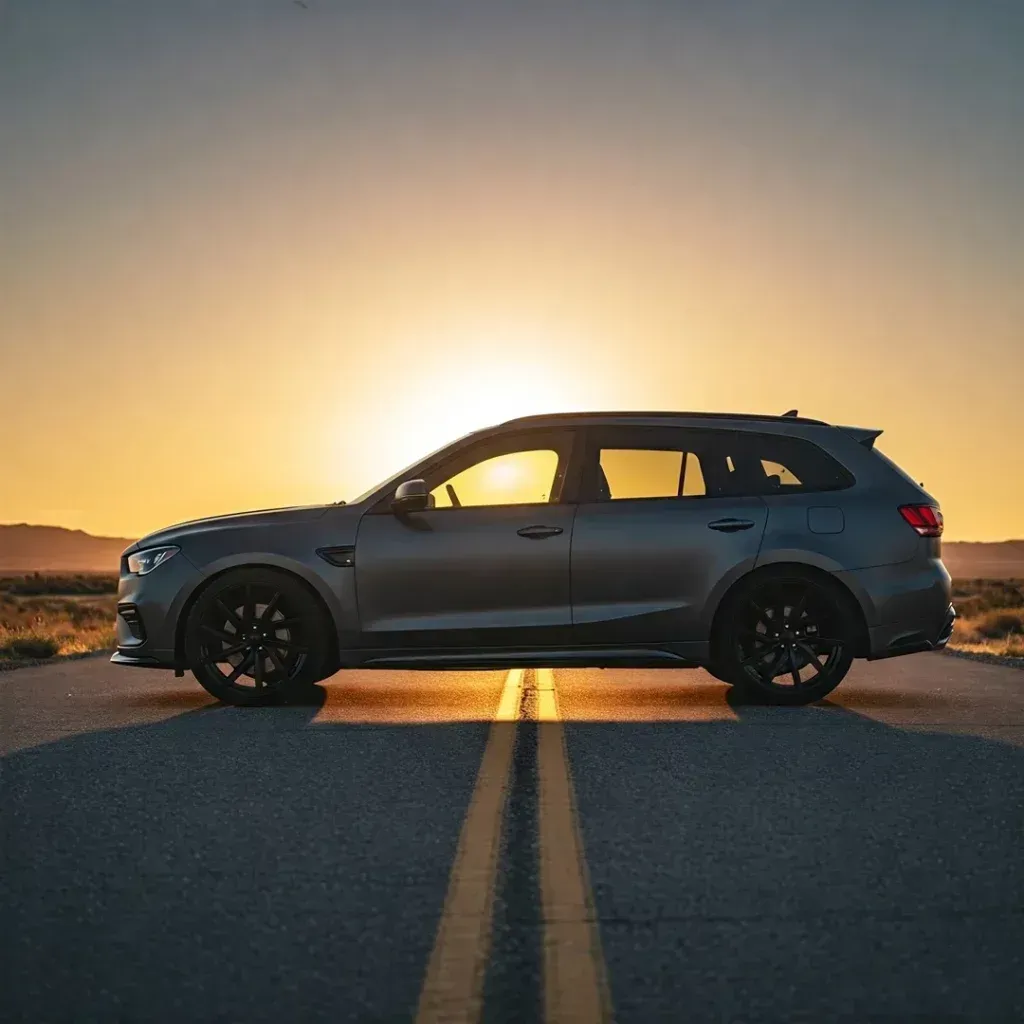 Gray SUV parked on a road with a setting sun in the background.