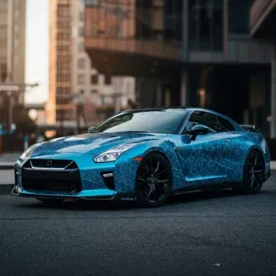 Blue Nissan GT-R sports car with a detailed web-like pattern on the side; parked on a city street.