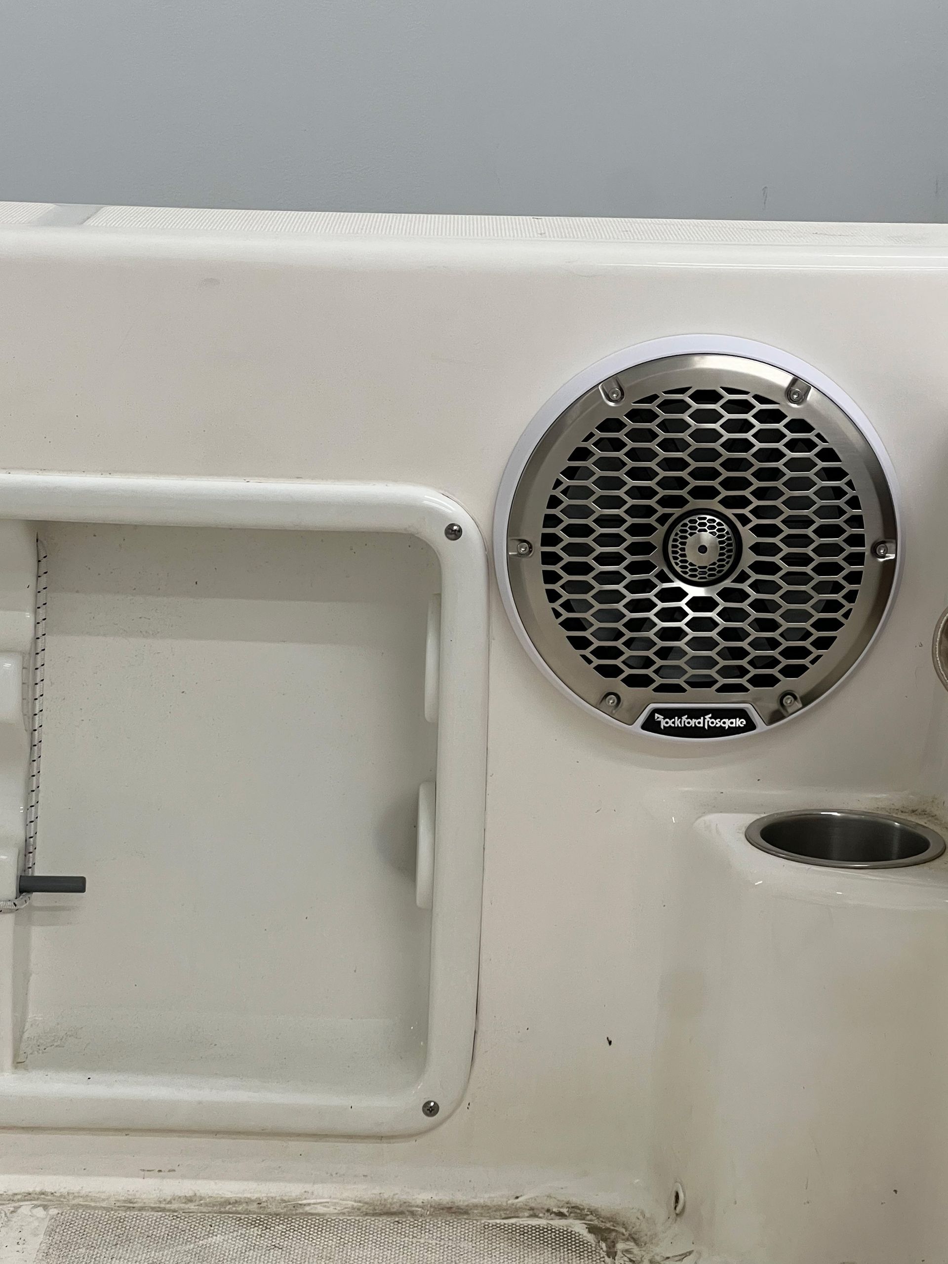 A pair of speakers on the side of a boat