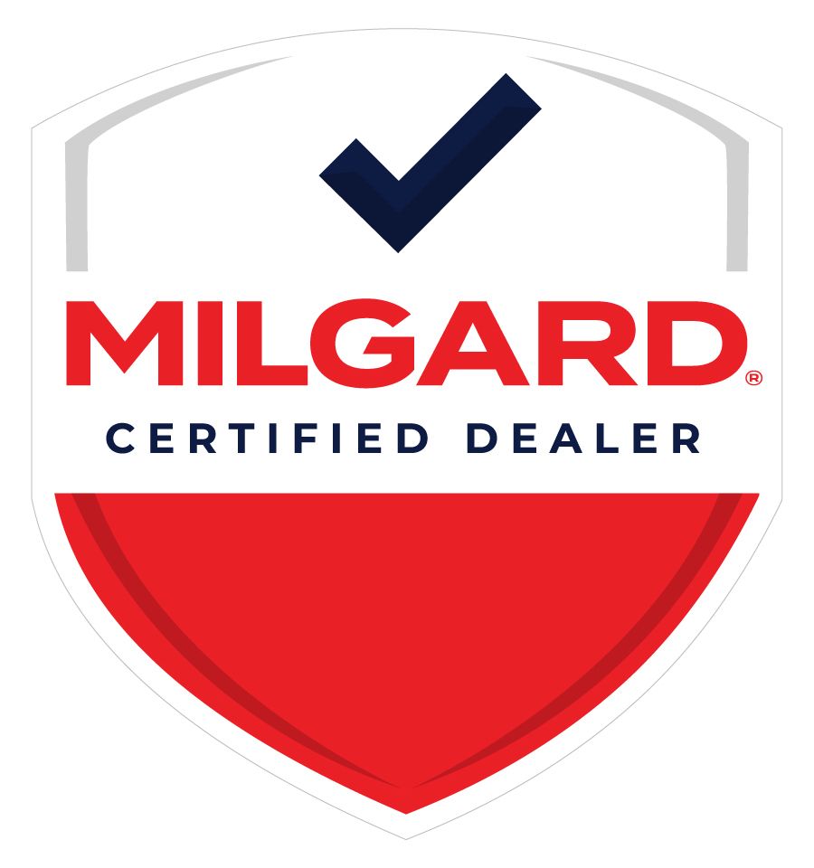 A milgard certified dealer logo with a check mark on it.