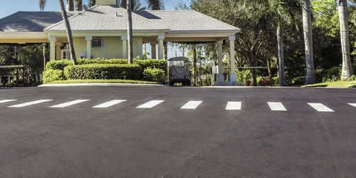 Driveway entrance with a white house, palm trees, and a road with crosswalk markings