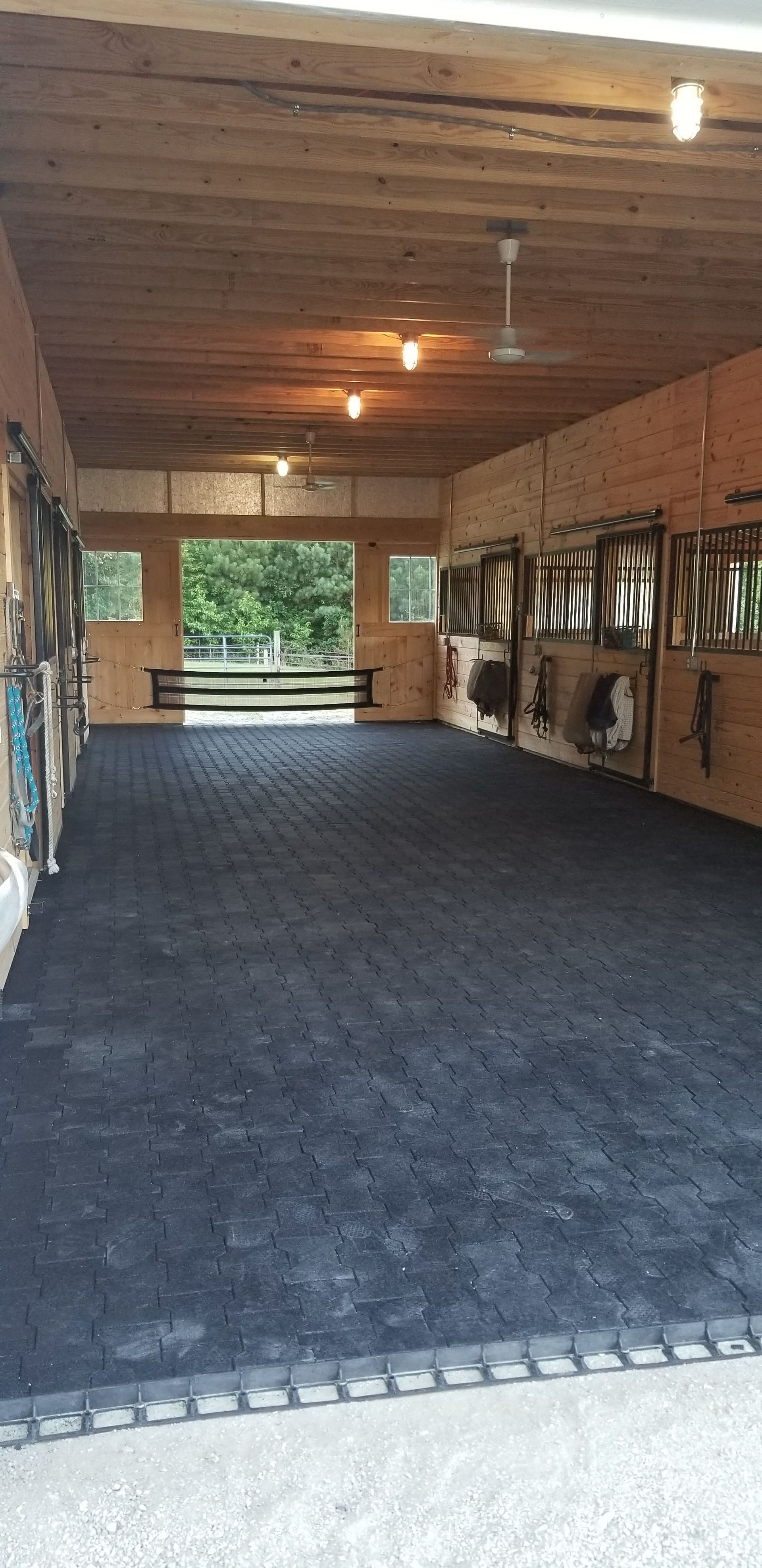 Empty horse stable with wooden walls, hanging tack, and a large open doorway to greenery outdoors.
