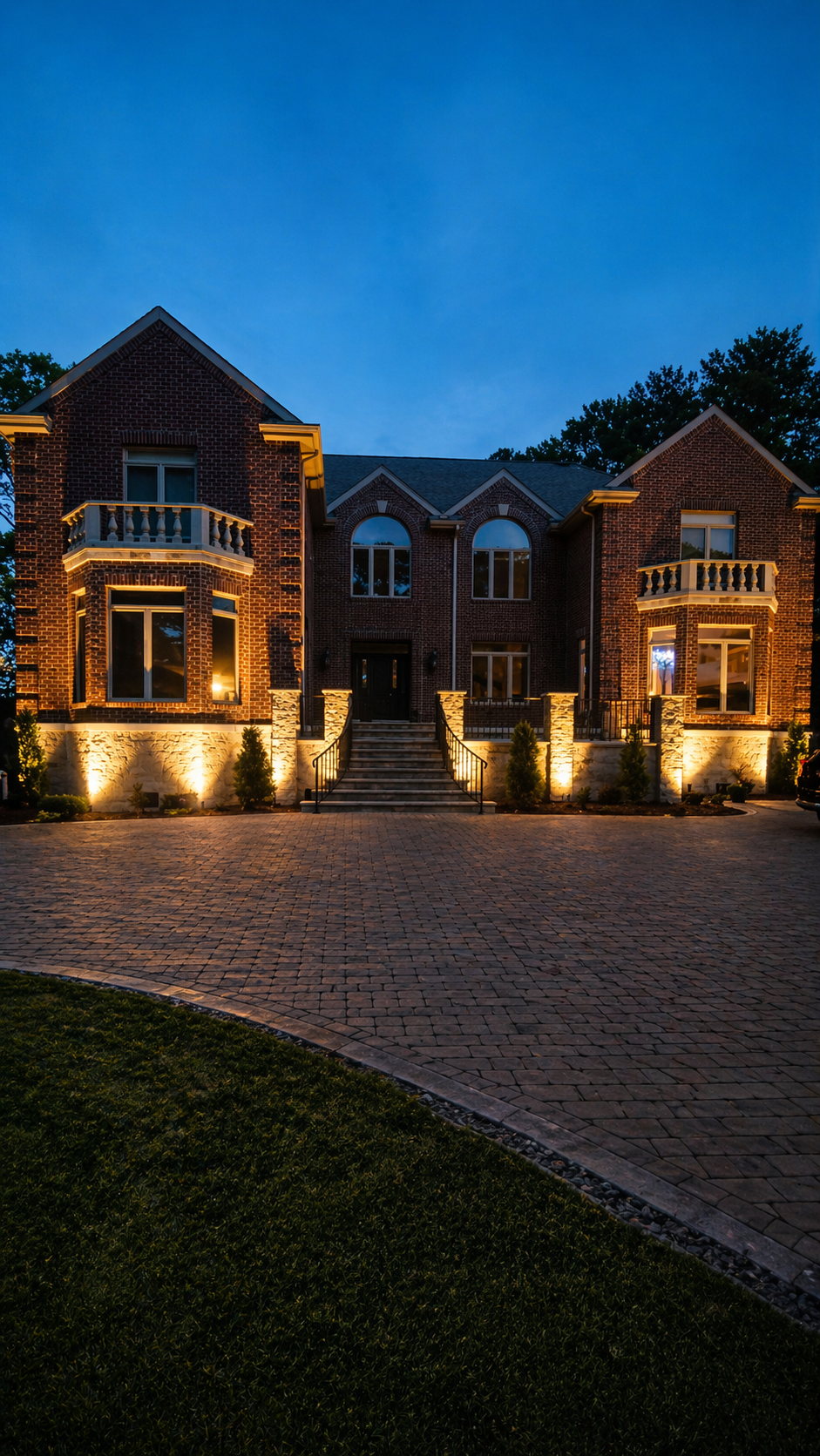 Large stone mansion lit warmly at dusk, with a curved driveway and blue evening sky