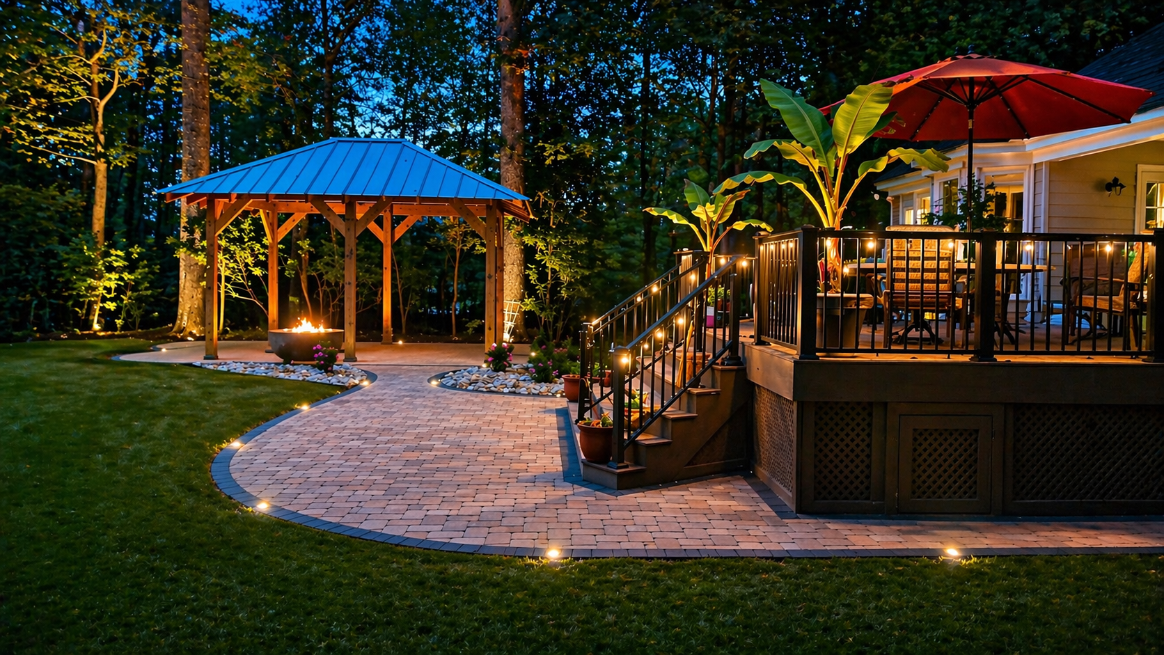 Backyard patio with string lights, a red umbrella deck, and a blue-roof gazebo at dusk