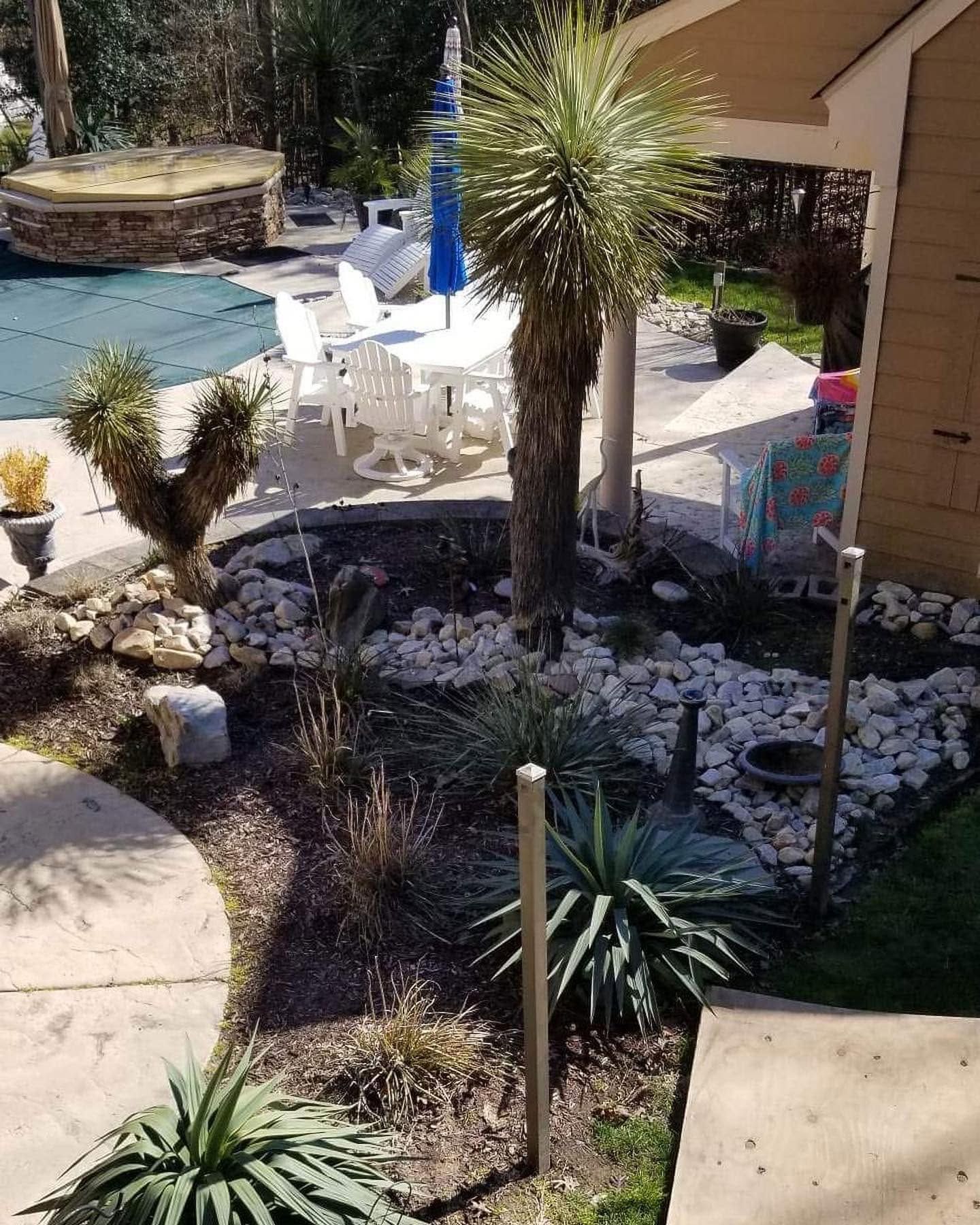 Backyard pool area with stone landscaping, desert plants, and white lounge chairs near a tan house