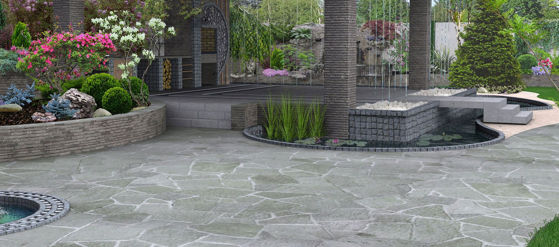 A landscaped patio featuring stone flooring, a small pond, palm trees, and various shrubs and flowers.