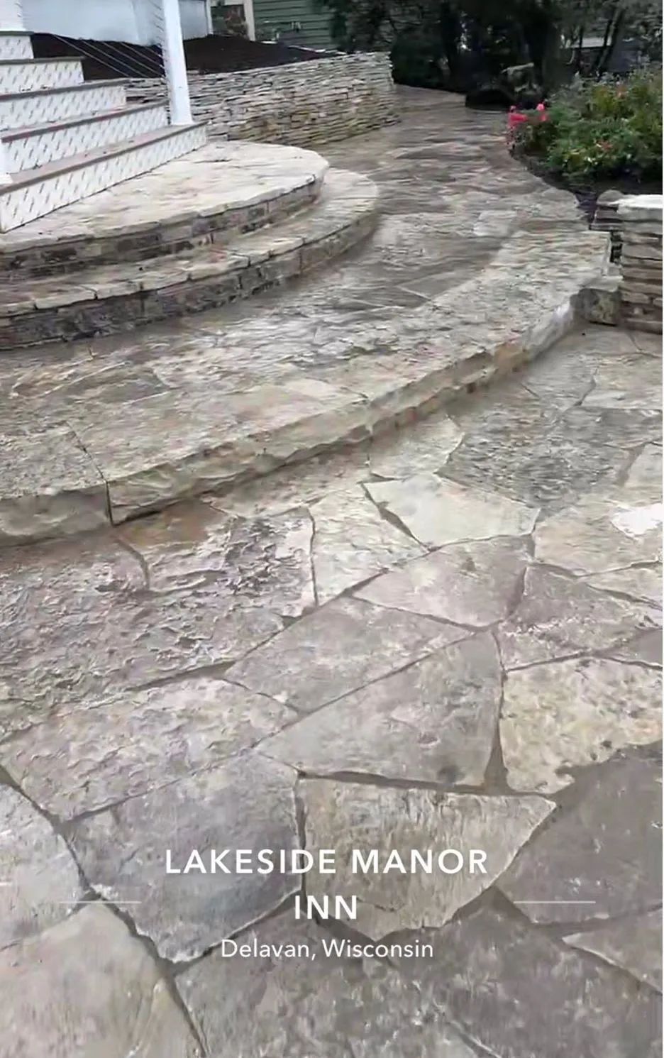 Stone steps and a flagstone patio at Lakeside Manor Inn in Delavan, Wisconsin.