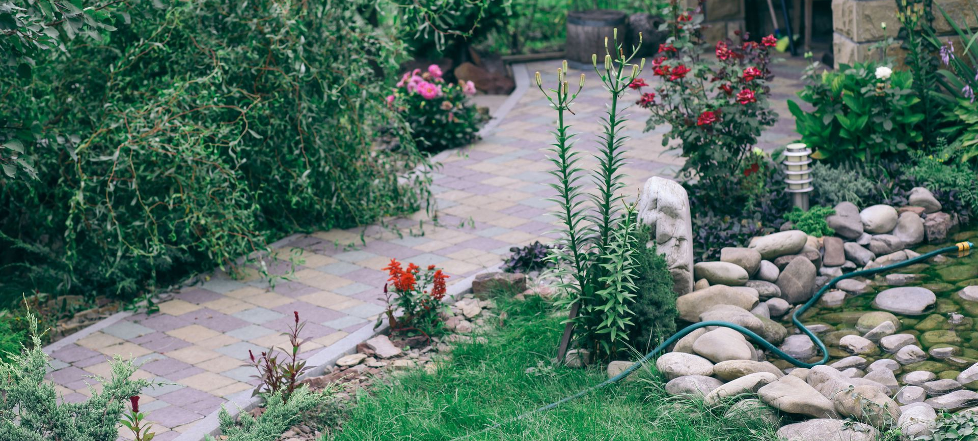A paved walkway winds through a garden with flowering plants, a small rock-bordered pond, and lush greenery.