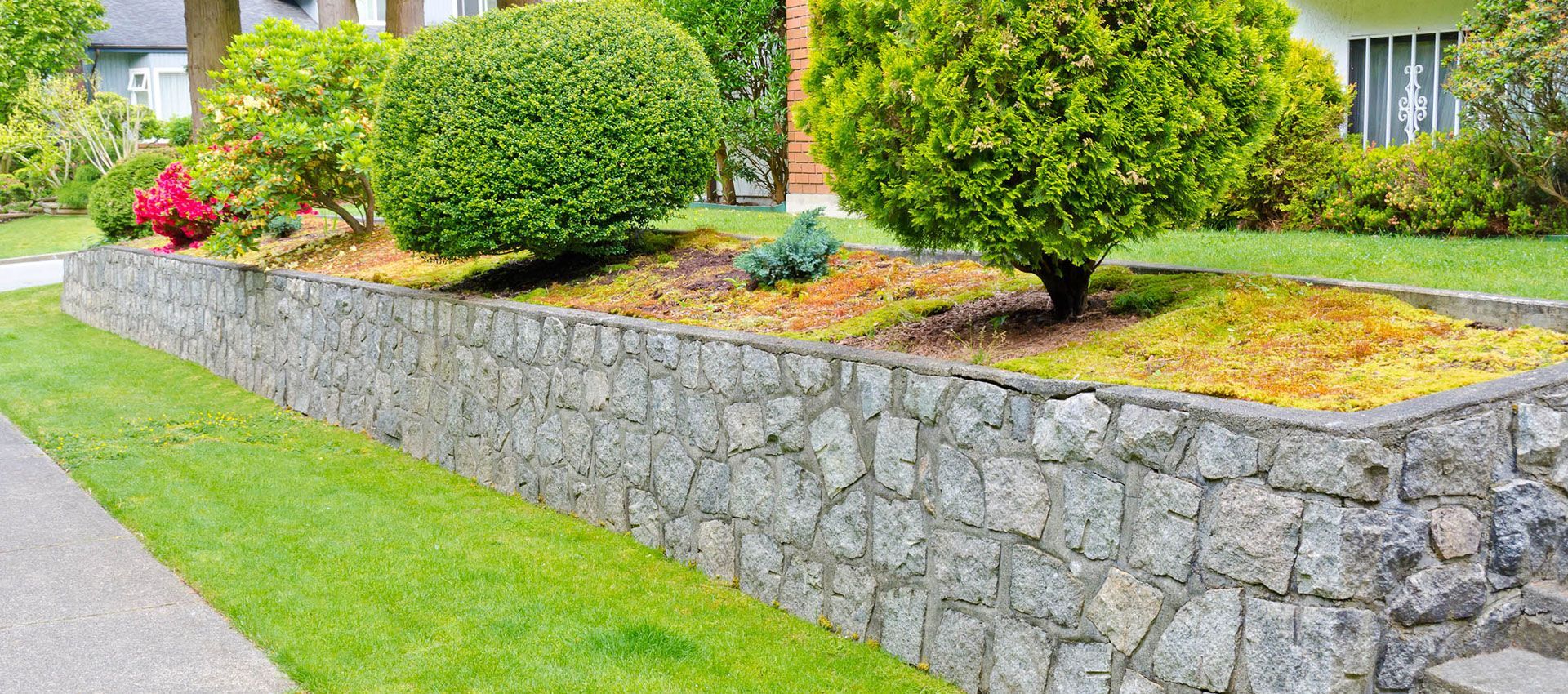 A stone retaining wall borders a residential yard with trimmed green shrubs and a small patch of red flowers.
