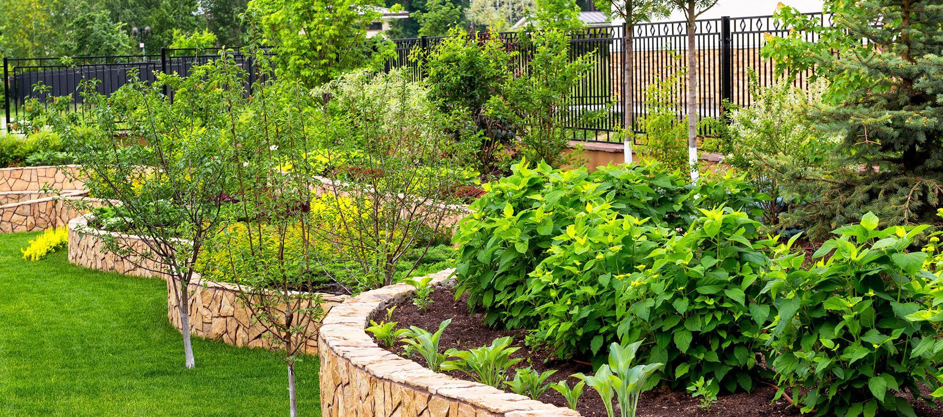 Terraced garden beds made of stacked stone blocks containing lush green shrubs and trees on a manicured lawn.