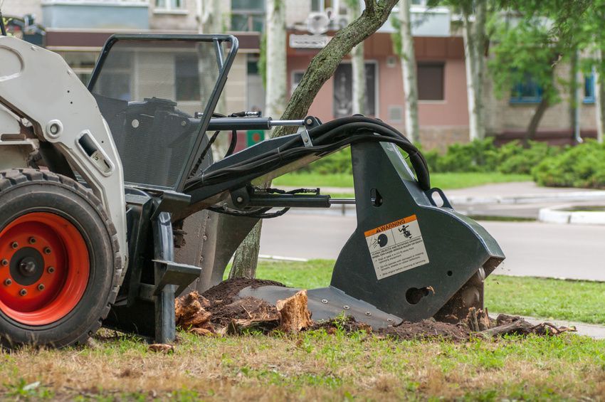 A tractor is cutting a tree stump in the ground