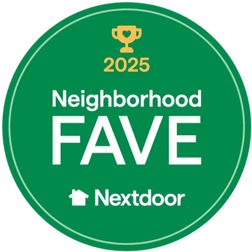 Green circular “2025 Neighborhood FAVE” Nextdoor award badge with trophy icon
