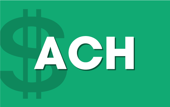 Green background with a dollar sign and bold white ACH text