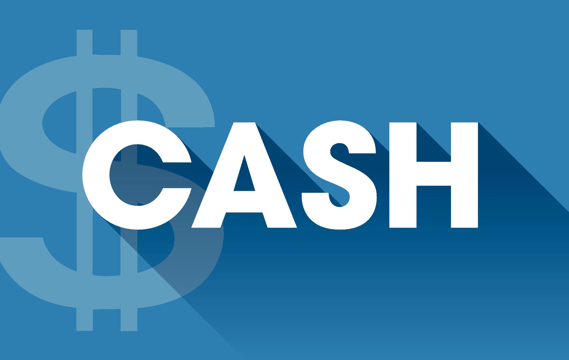 White “CASH” text on a blue background with a faint dollar sign symbol