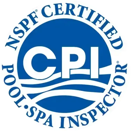 NSPF Certified Pool-Spa Inspector (CPI) blue circular logo with waves and text