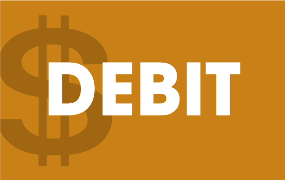 Orange sign with a dollar symbol and the word “DEBIT” in white text
