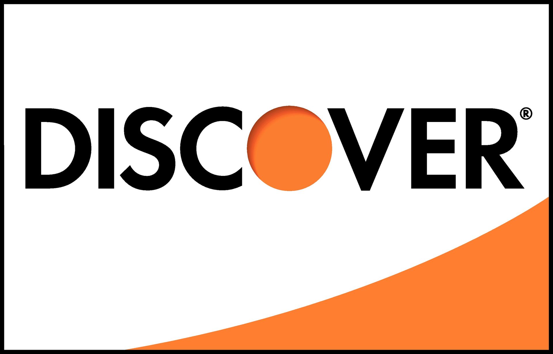 Discover credit card logo with black text, orange dot, and orange swoosh on white background