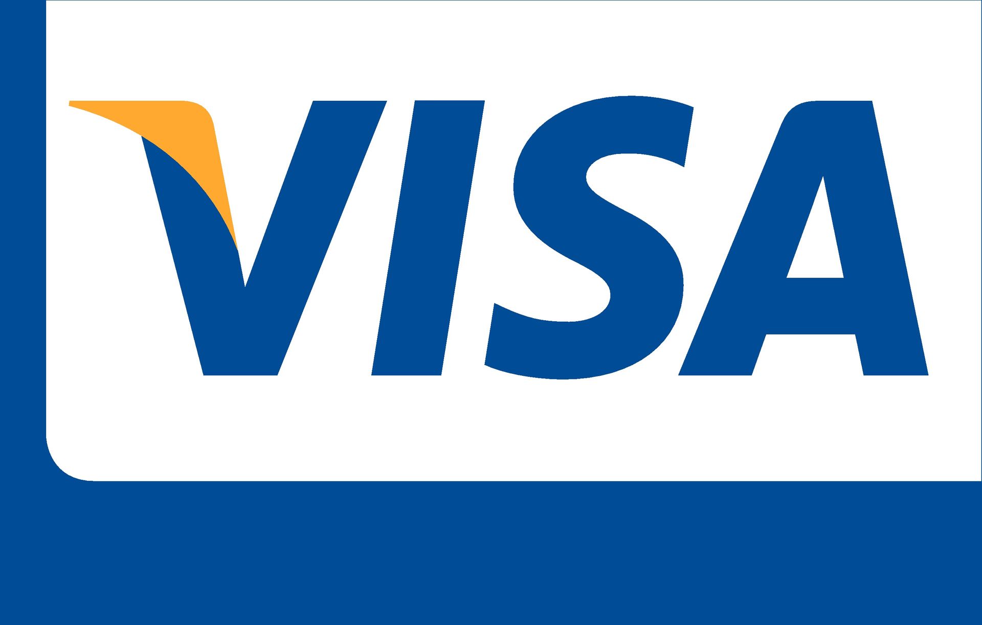 Visa logo in blue with a gold accent on a white and blue background